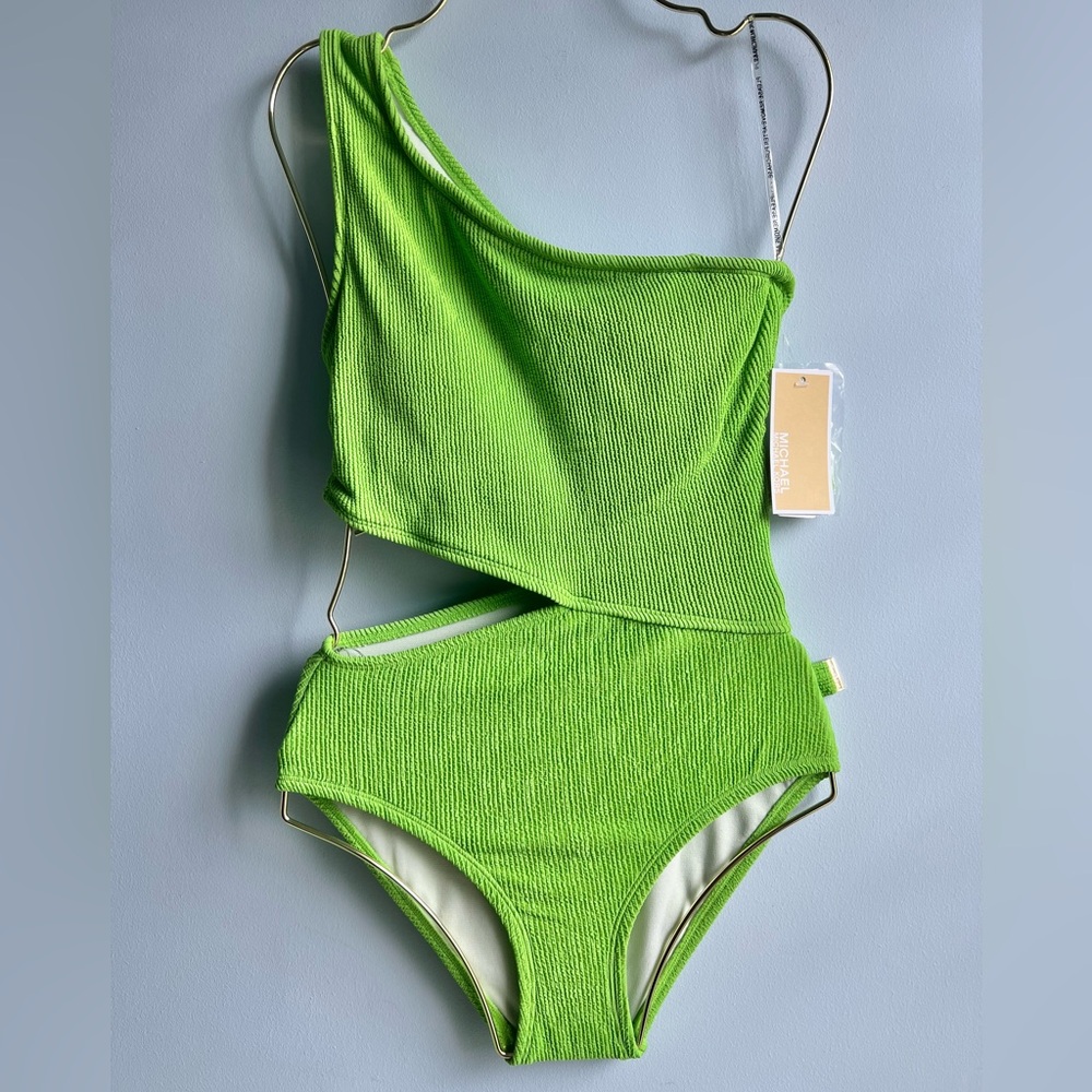 Michael Kors Women's One-Shoulder Side-Cutout Swimsuit Green Size 14